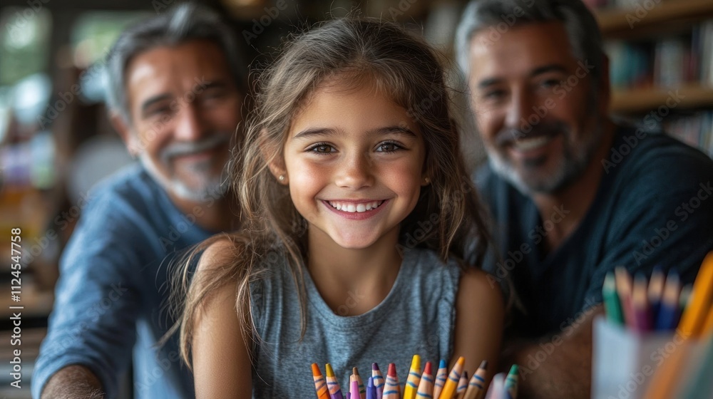 A smiling girl with two older men, surrounded by art supplies. A smiling girl with two older men, surrounded by art supplies.