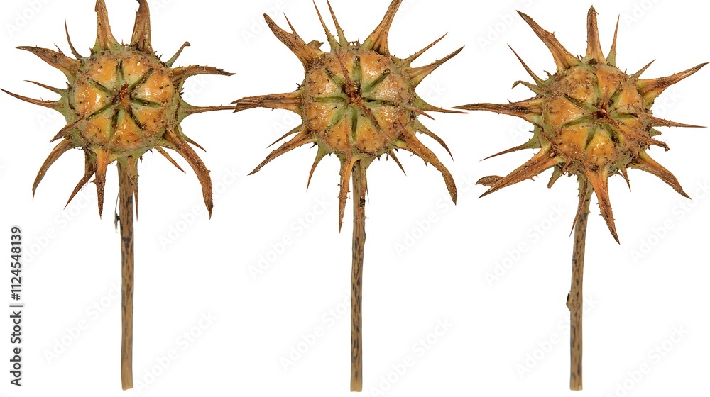 Obraz premium Three Dried Thistle Seed Heads on Stalks