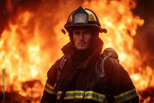 Firefighter Standing Brave in Front of Massive Flames in Emergency Situation