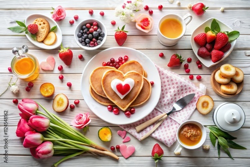 Wallpaper Mural Delightful Valentine's and Mother's Day Brunch Display with Heart-Shaped Pancakes, Eggs, and Love-Themed Foods on a Rustic White Wood Background Torontodigital.ca