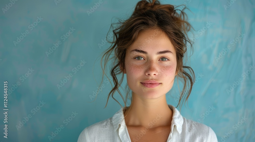Young woman with messy bun, freckles, and green eyes, smiling softly against a teal background. Young woman with messy bun, freckles, and green eyes, smiling softly against a teal background.