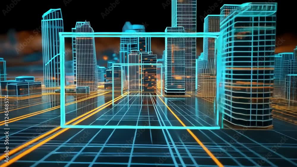 Futuristic wireframe hologram of a floating city with interconnected networks