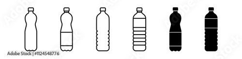 Plastic bottle icon set. PET bottle, water container bottle symbol. Editable stroke. Vector illustration.