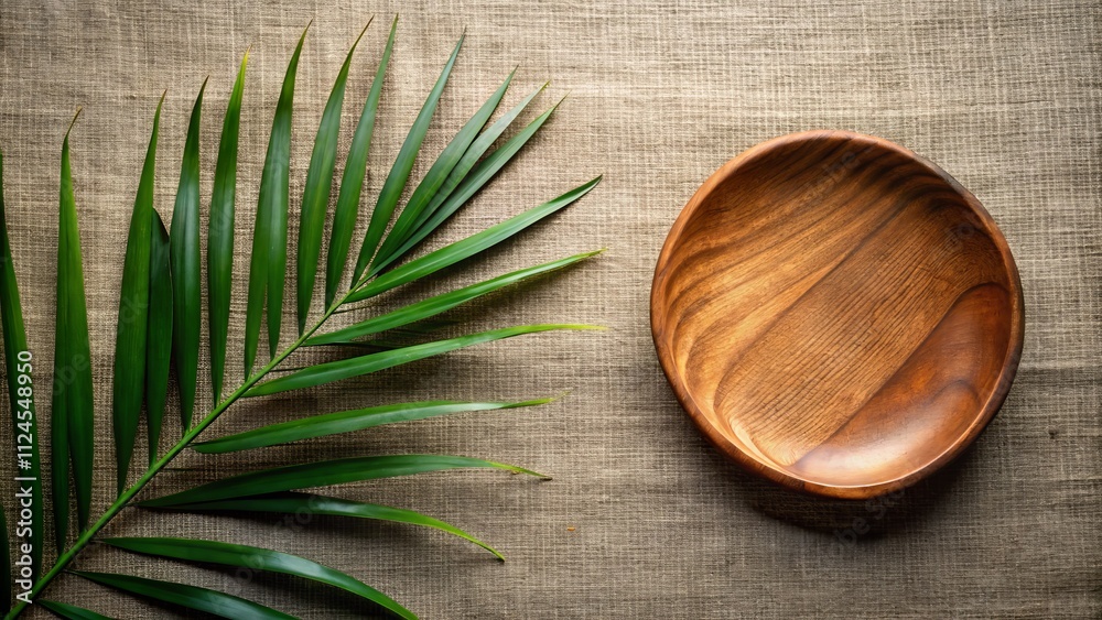 Elegant Low Light Photography of a Wooden Plate with a Palm Leaf on a Natural Linen Textile Background, Perfect for Minimalist and Organic Style Decor, Copy Space Available Elegant Low Light Photography of a Wooden Plate with a Palm Leaf on a Natural Linen Textile Background, Perfect for Minimalist and Organic Style Decor, Copy Space Available