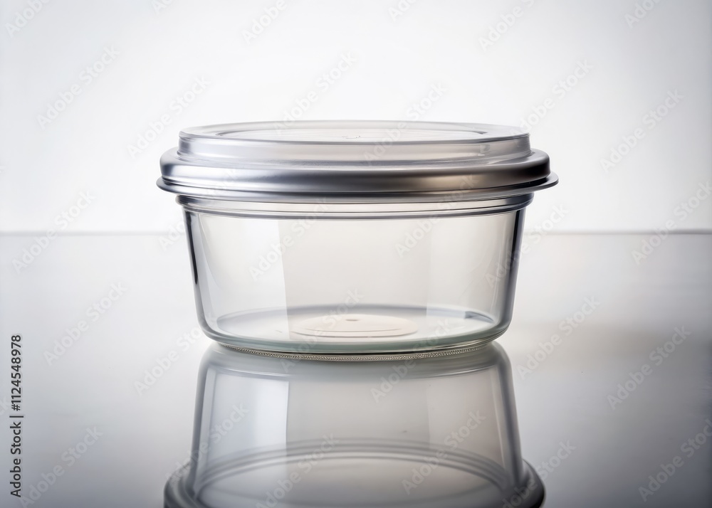 Empty Glass Food Container with Plastic Lid Isolated on White Background - Perfect for Food Storage, Organization, and Kitchen Use in Low Light Photography Empty Glass Food Container with Plastic Lid Isolated on White Background - Perfect for Food Storage, Organization, and Kitchen Use in Low Light Photography