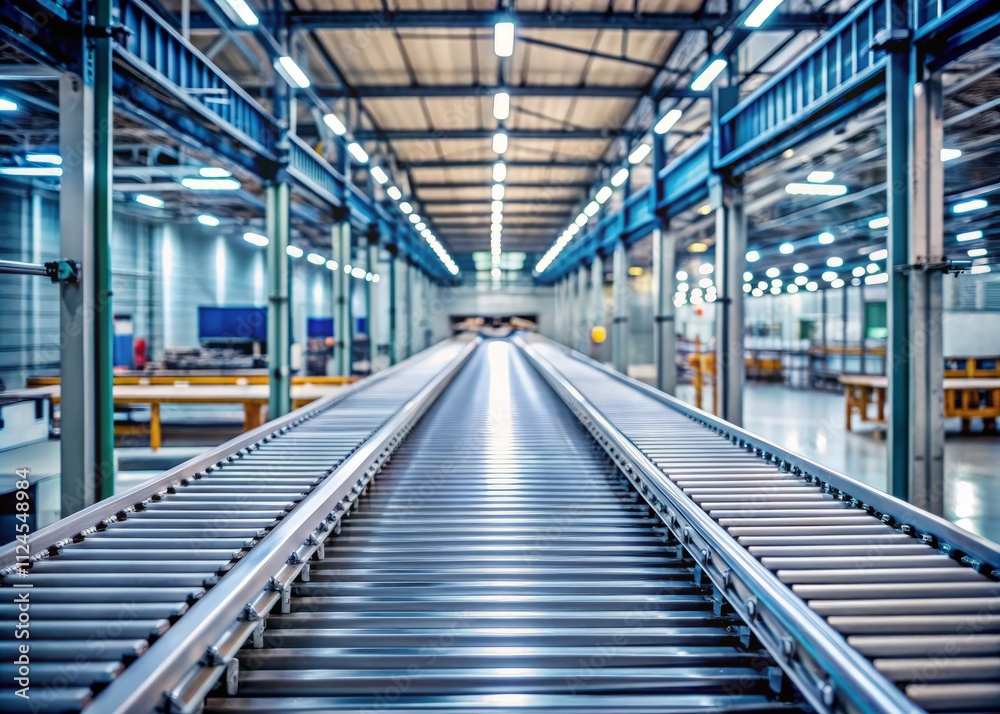Empty Conveyor Belt of Production Line in Industrial Setting with Copy Space for Manufacturing and Engineering Themes, Highlighting Automation and Efficiency in Operations Empty Conveyor Belt of Production Line in Industrial Setting with Copy Space for Manufacturing and Engineering Themes, Highlighting Automation and Efficiency in Operations