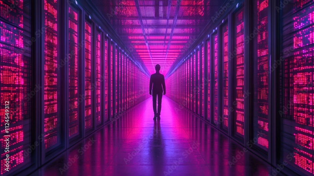AI model training visualization, A silhouette of a person standing in a vibrant, neon-lit server hallway, showcasing advanced technology and modern data storage. AI model training visualization, A silhouette of a person standing in a vibrant, neon-lit server hallway, showcasing advanced technology and modern data storage.