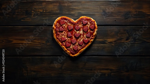 Heart shaped pizza for Valentines day on dark rustic wooden background. Top view, copy space.