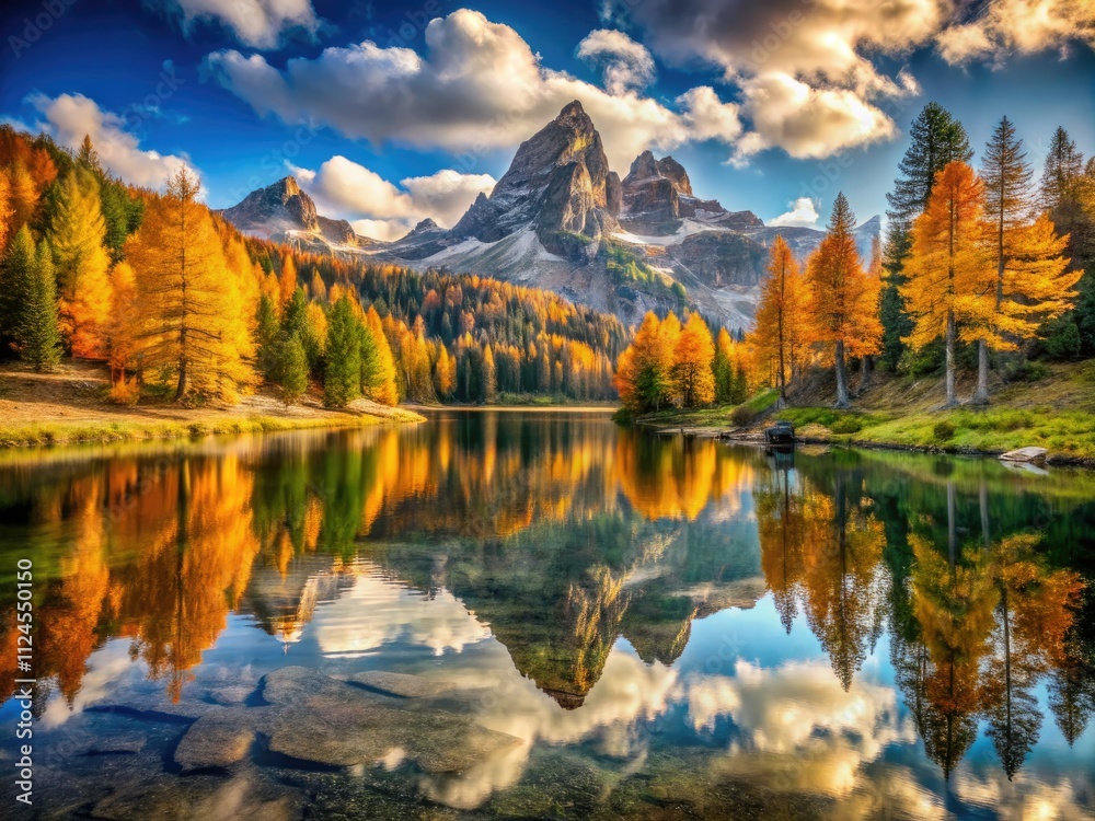 Obraz premium Antorno Lake Autumn Scenery: Breathtaking Mountain Lake Views, Dolomites Italy Hiking Trails, Fall Foliage Photography