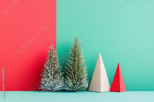 Minimalist Christmas scene with red and green geometric trees photo