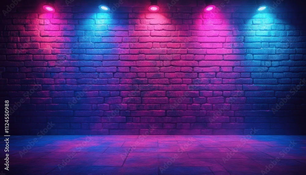 Neon Brick Wall Illumination in Cyberpunk Style with Blue and Pink Lights Dramatic Shadows and Reflections in a Dark Scene Neon Brick Wall Illumination in Cyberpunk Style with Blue and Pink Lights Dramatic Shadows and Reflections in a Dark Scene