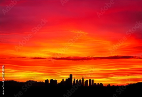 Vibrant Sunset Over Urban Skyline Silhouette View