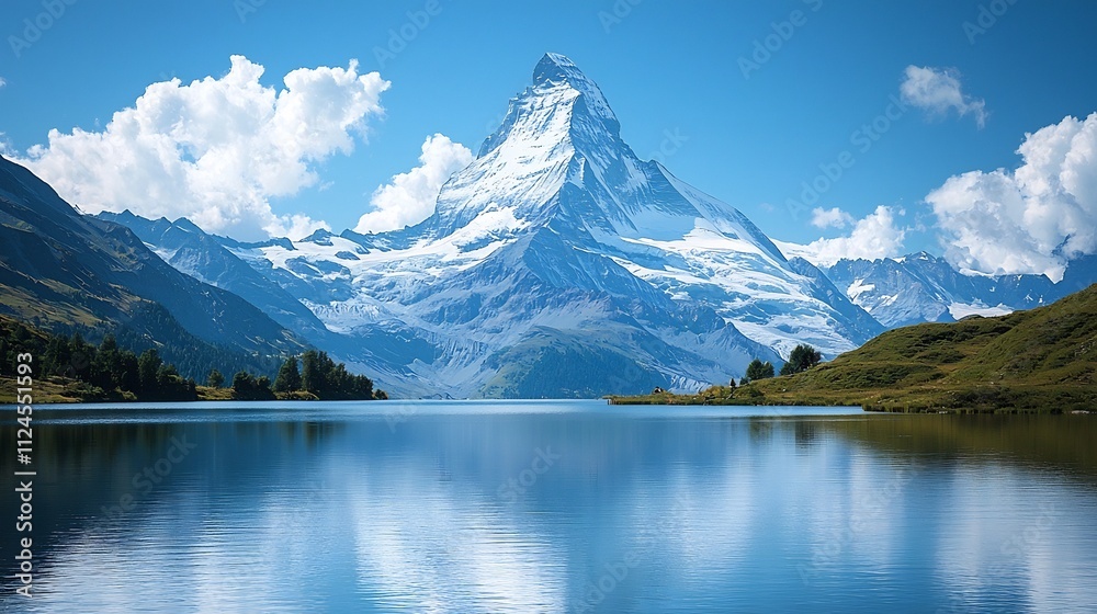 Naklejka premium Majestic Snowy Mountain Peak Reflected in Serene Alpine Lake Under Bright Blue Sky