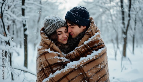 Cozy couple embracing under plaid blanket in magical winter forest setting