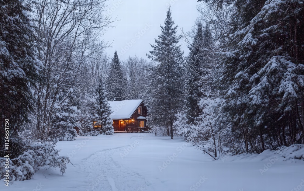 A scenic winter forest with snow-covered trees and a cozy cabin emitting soft light