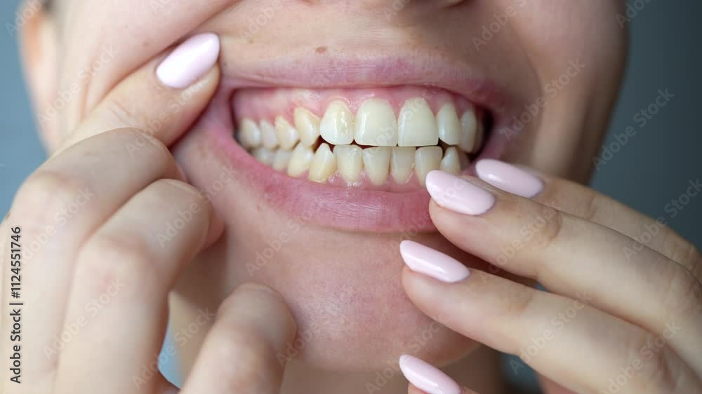 Young woman's showing her teeth with yellow plaque on a dark grey background. The girl showing healthy gums. Oral hygiene, dental health