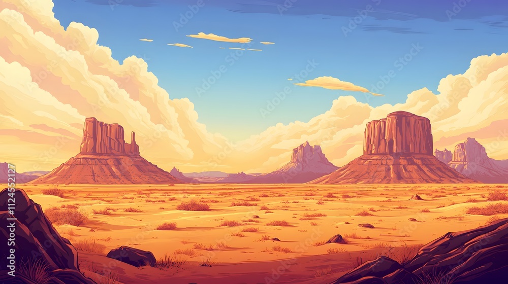 Naklejka premium A wide, empty desert landscape with rocky outcroppings and a pastel-colored sky, lots of open space for creative use