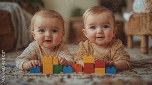 Toddlers Playing Together with Colorful Building Blocks on the Floor in a Cozy Indoor Space