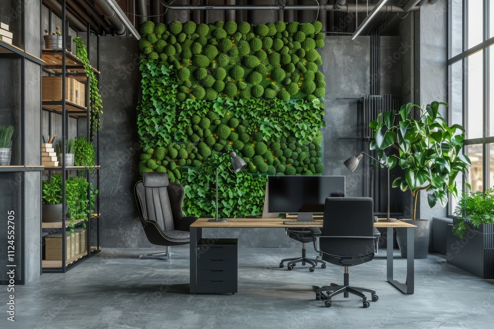 A contemporary office showcases a vibrant green living wall alongside large windows, offering natural light and an inspiring atmosphere for productivity and creativity. A contemporary office showcases a vibrant green living wall alongside large windows, offering natural light and an inspiring atmosphere for productivity and creativity.
