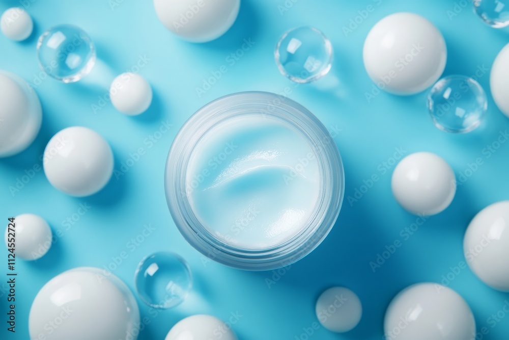 Skincare cream surrounded by bubbles on a blue background.