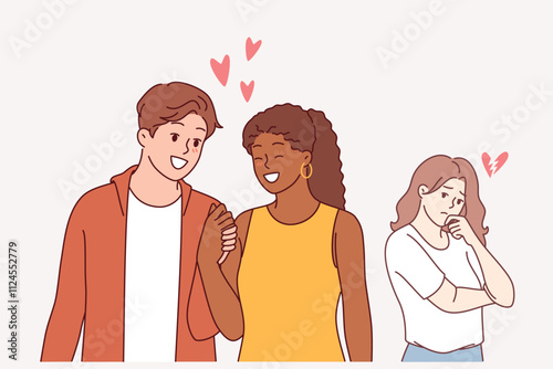 Love triangle between man walking with girlfriend and jealous, envious girl in need of psychologist. Woman sad and due to emergence competition in love triangle, we will destroy family relationships