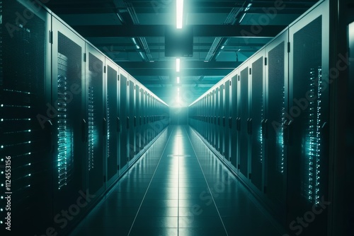 In a modern data center, illuminated by soft blue lighting, a long corridor reveals neatly arranged server racks, creating an atmosphere of technological advancement.