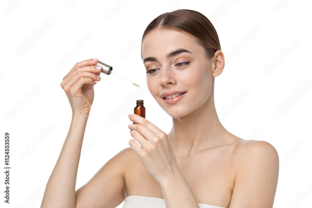 Young beautiful woman holding pipette cosmetic product serum apply face skincare routine Young beautiful woman holding pipette cosmetic product serum apply face skincare routine