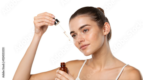 Young beautiful woman holding pipette cosmetic product serum apply face skincare routine png