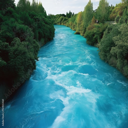 River flowing through the green forest, fresh blue water steaming through the forest photo