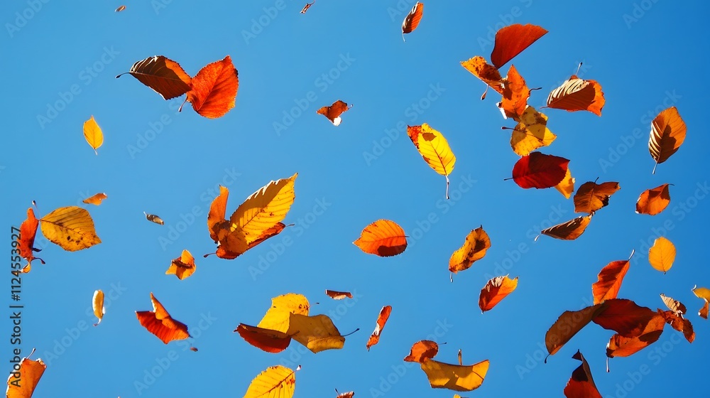 A clear autumn sky with floating leaves in rich orange, yellow, and red colors, large empty space for text or design A clear autumn sky with floating leaves in rich orange, yellow, and red colors, large empty space for text or design