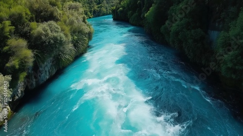 River flowing through the green forest, fresh blue water steaming through the forest photo