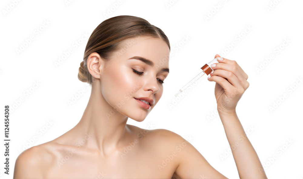 Young beautiful woman holding pipette cosmetic product serum apply face skincare routine clean white background Young beautiful woman holding pipette cosmetic product serum apply face skincare routine clean white background