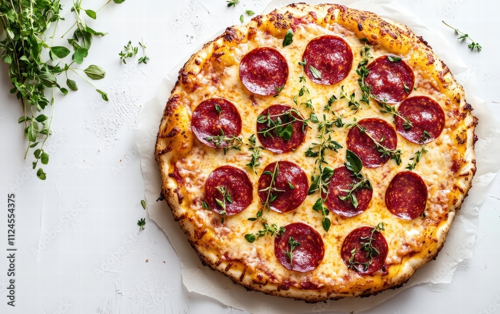 A vibrant pepperoni pizza with bubbling cheese and herbs against a clean white surface A vibrant pepperoni pizza with bubbling cheese and herbs against a clean white surface