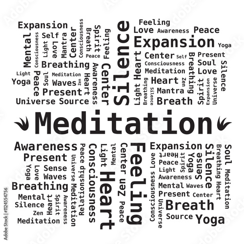 Nuage de Mots Méditation en Anglais, Noir et Blanc
