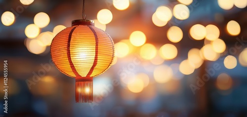 Decorations for Spring Festival concept. A glowing lantern hangs against a backdrop of soft bokeh lights, creating a warm and inviting ambiance.