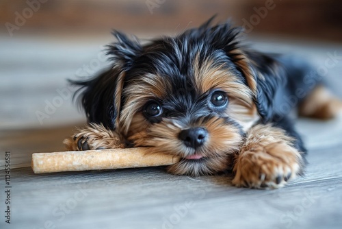 Puppy holding a carrot on a wooden floor. AI generated image