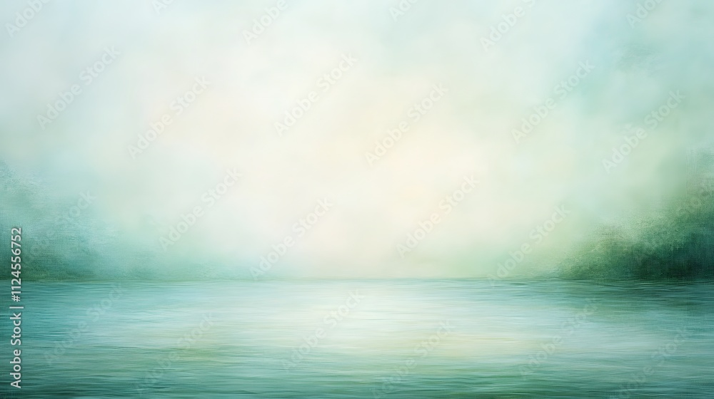 A misty morning lake with fog rolling over the water, soft green and blue hues with an empty space above the lake A misty morning lake with fog rolling over the water, soft green and blue hues with an empty space above the lake