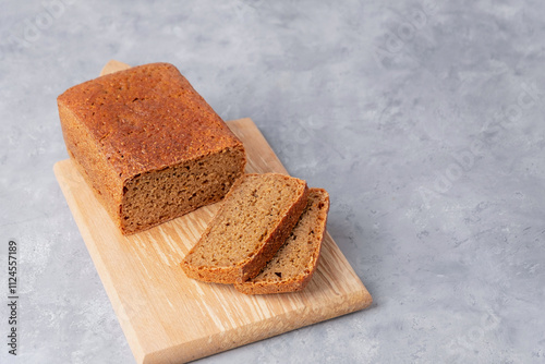 Homemade sourdough bread on neutral grey background