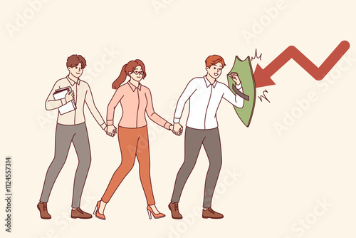 Business guide guides colleagues, saving them from danger and fending off crises with shield. Man business guide and mentor saves mentees from problems and economic recession that can destroy careers