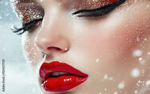 A close-up of a modelâ???s face with shimmering holiday makeup, featuring bold eyeliner and glittery red lips, on a snowy background photo