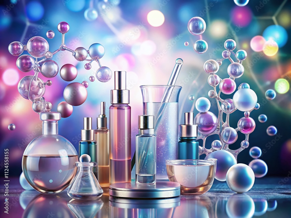 Abstract Cosmetic Laboratory Research Featuring Molecules and Bubbles in a Clean Environment, Highlighting the Essence of Modern Cosmetic Chemistry and Innovative Formulations