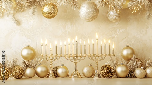 Luxurious Hanukkah design with a cream backdrop, highlighted by elegant gold menorahs and festive ornaments photo