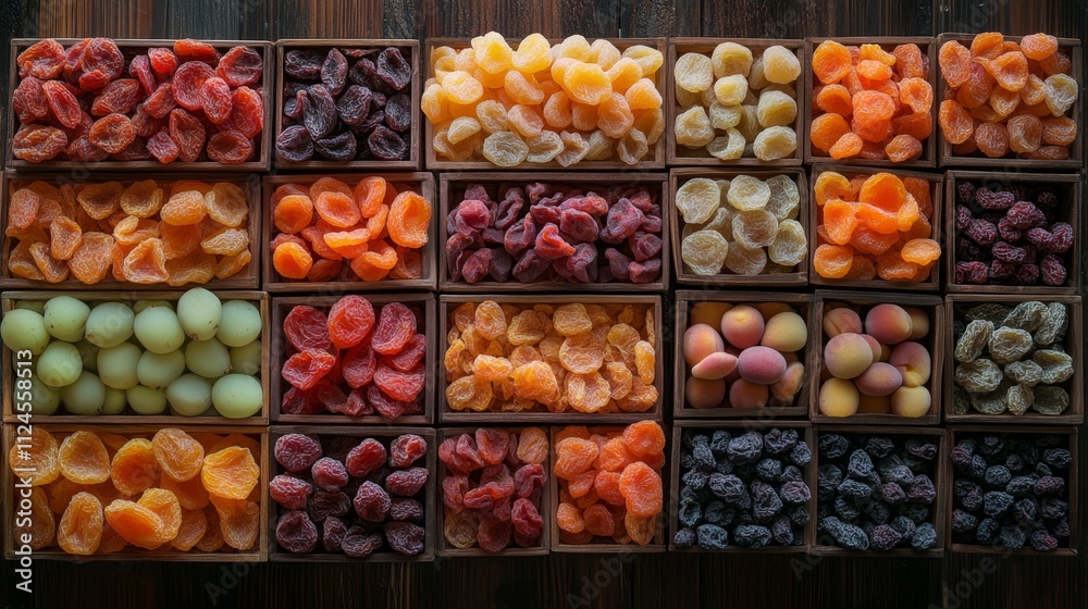 Colorful array of dried fruits in wooden boxes on rustic background Colorful array of dried fruits in wooden boxes on rustic background