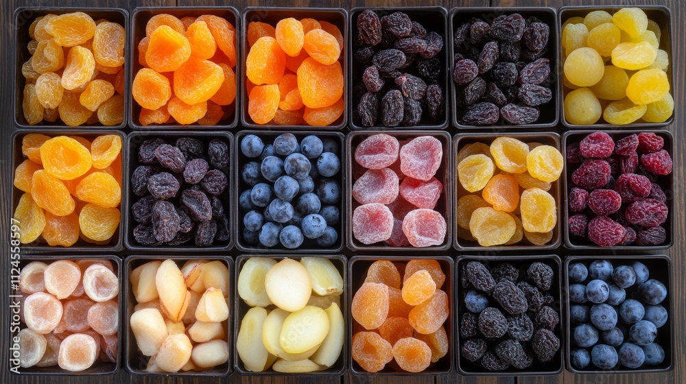 Assorted dried fruits and berries in square compartments for healthy snacking