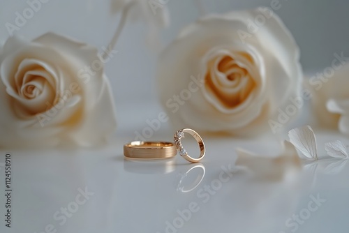 wedding rings of the bride and groom on a white background near roses Couple gold wedding rings on a burlap cloth with brown flowers and cream on the back photo