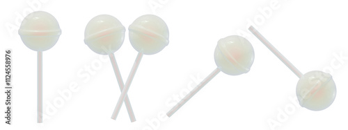 a collection of 3d cute aurora white candies or lollipops on an isolated background, fun-loving lollipop design elements