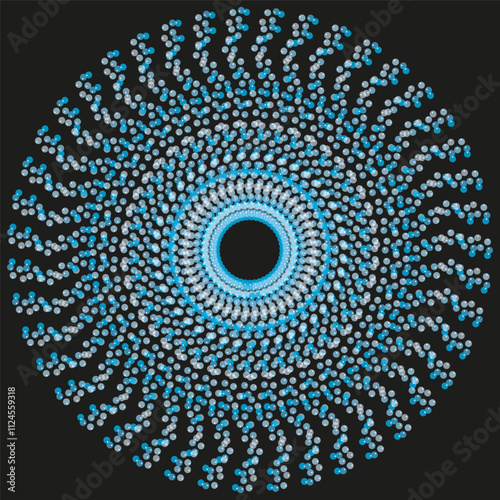 Blue dot spiral. Concentric ring pattern. Abstract circle vector. Black background design.