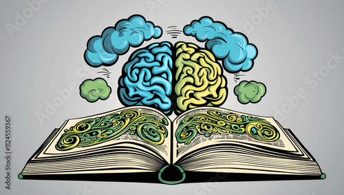 AI generative. Cartoon graphic illustration of brain and open book . 4 photo