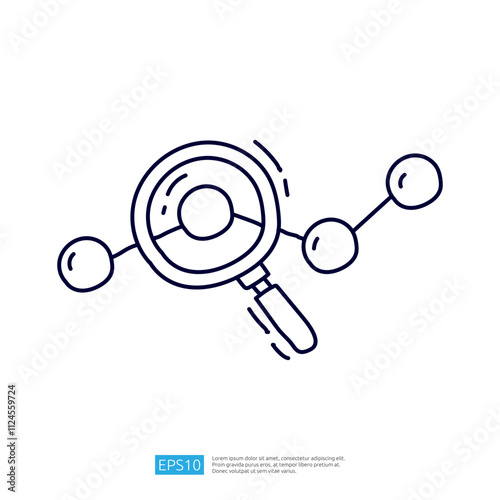 A simple illustration of a magnifying glass focusing on a molecular structure, symbolizing research and analysis in science.