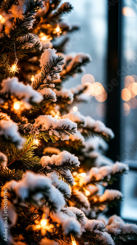 snow-covered evergreen branch with warm lights